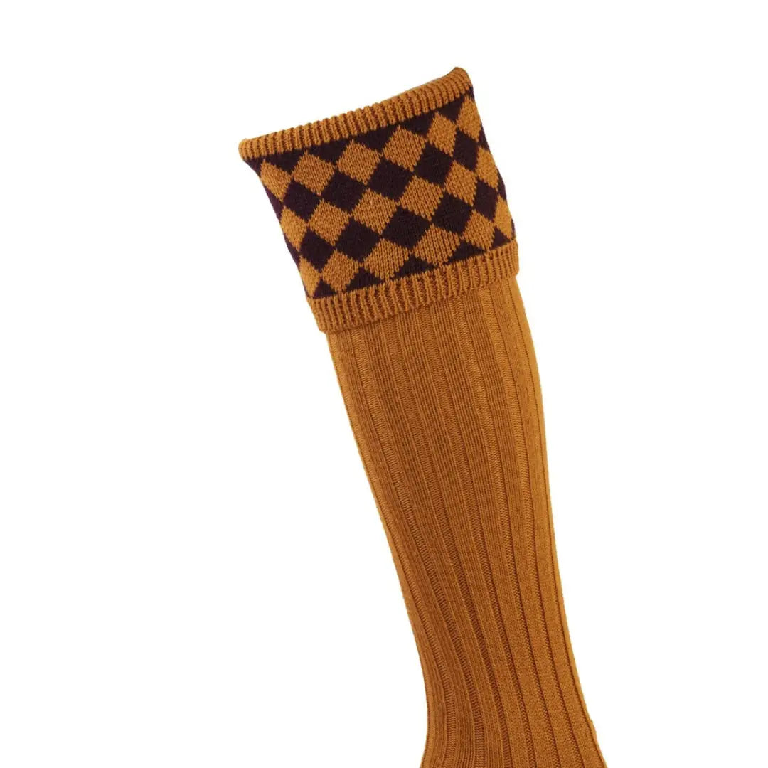 Mustard knit sock with brown checkered pattern perfect for House of Cheviot Chessboard Socks