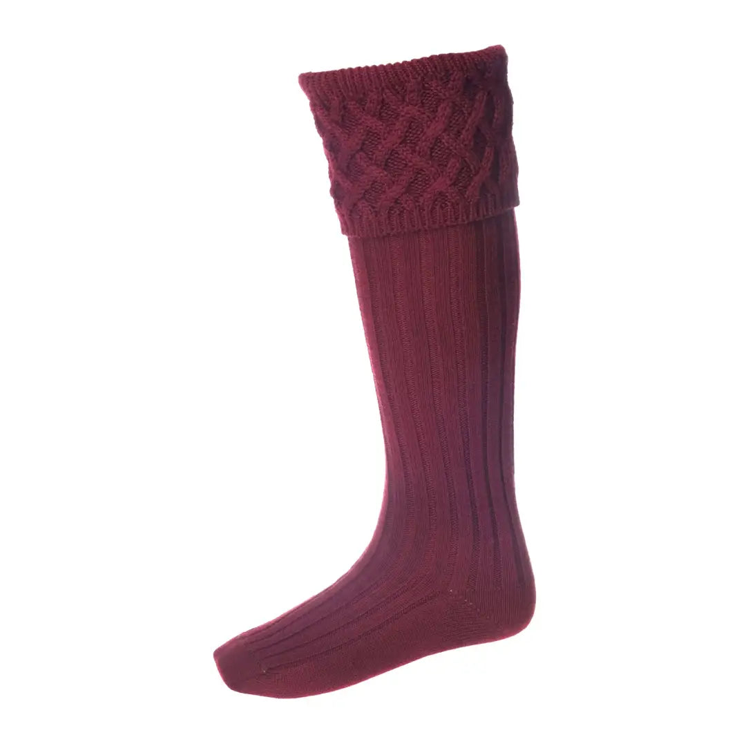 Burgundy knee-high House of Cheviot Rannoch Socks with textured cuff, great for country clothing