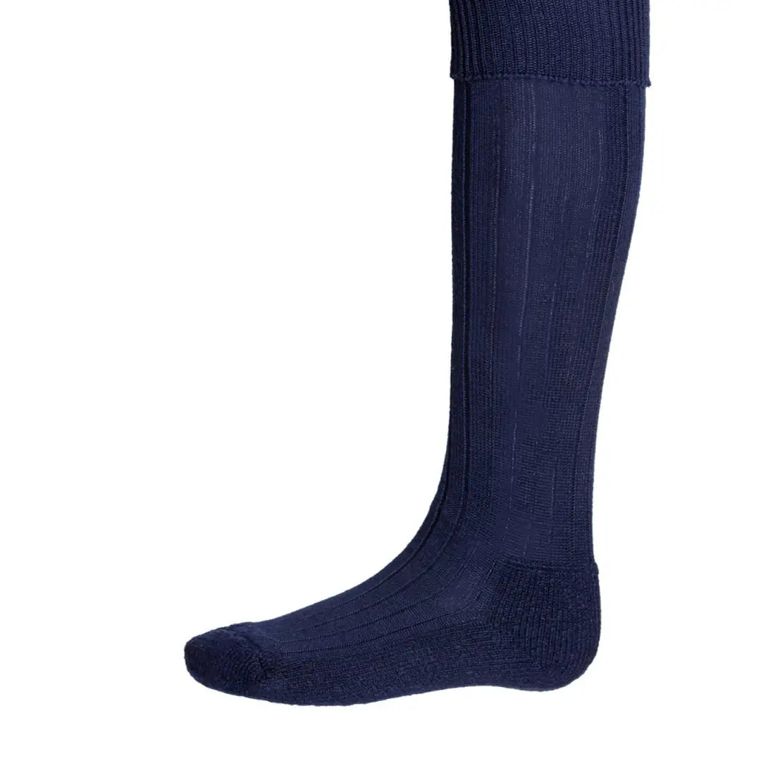 Navy blue knee-high ribbed sock made from a cozy merino wool blend, House of Cheviot Scarba Socks