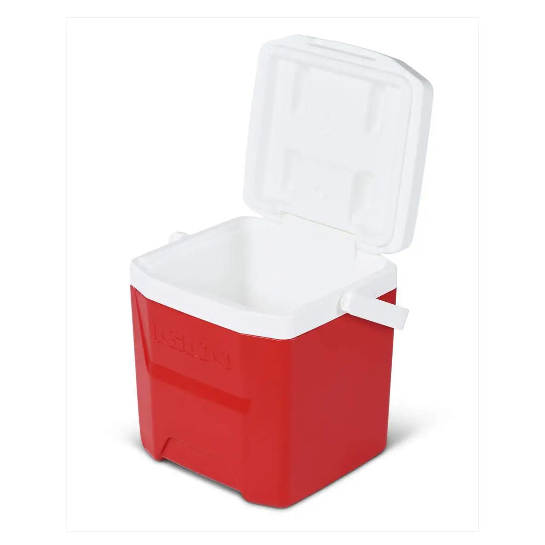 Red and white Igloo 12-quart Laguna Cooler with an open lid for outdoor fun