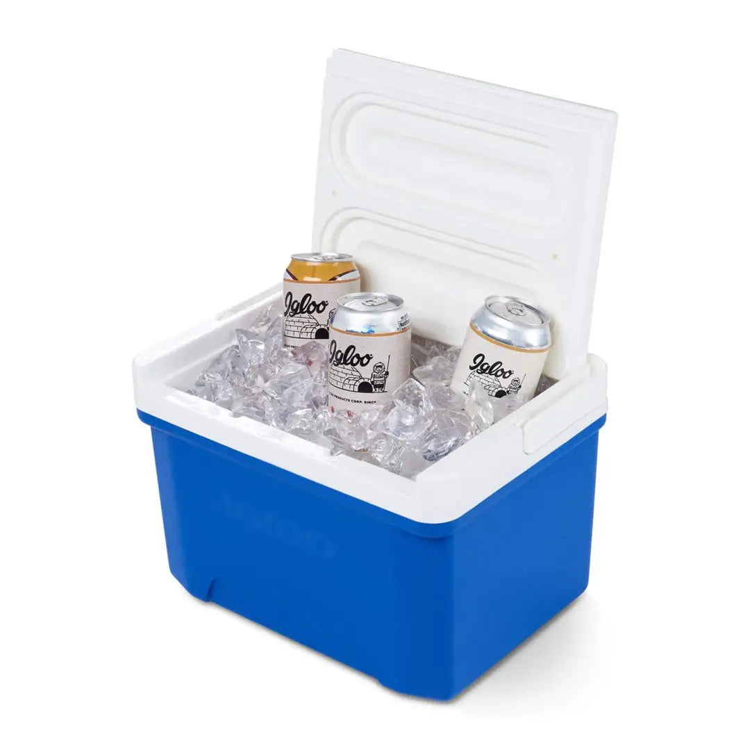 Blue and white Igloo Laguna Cooler filled with ice and beverage cans for fun outings