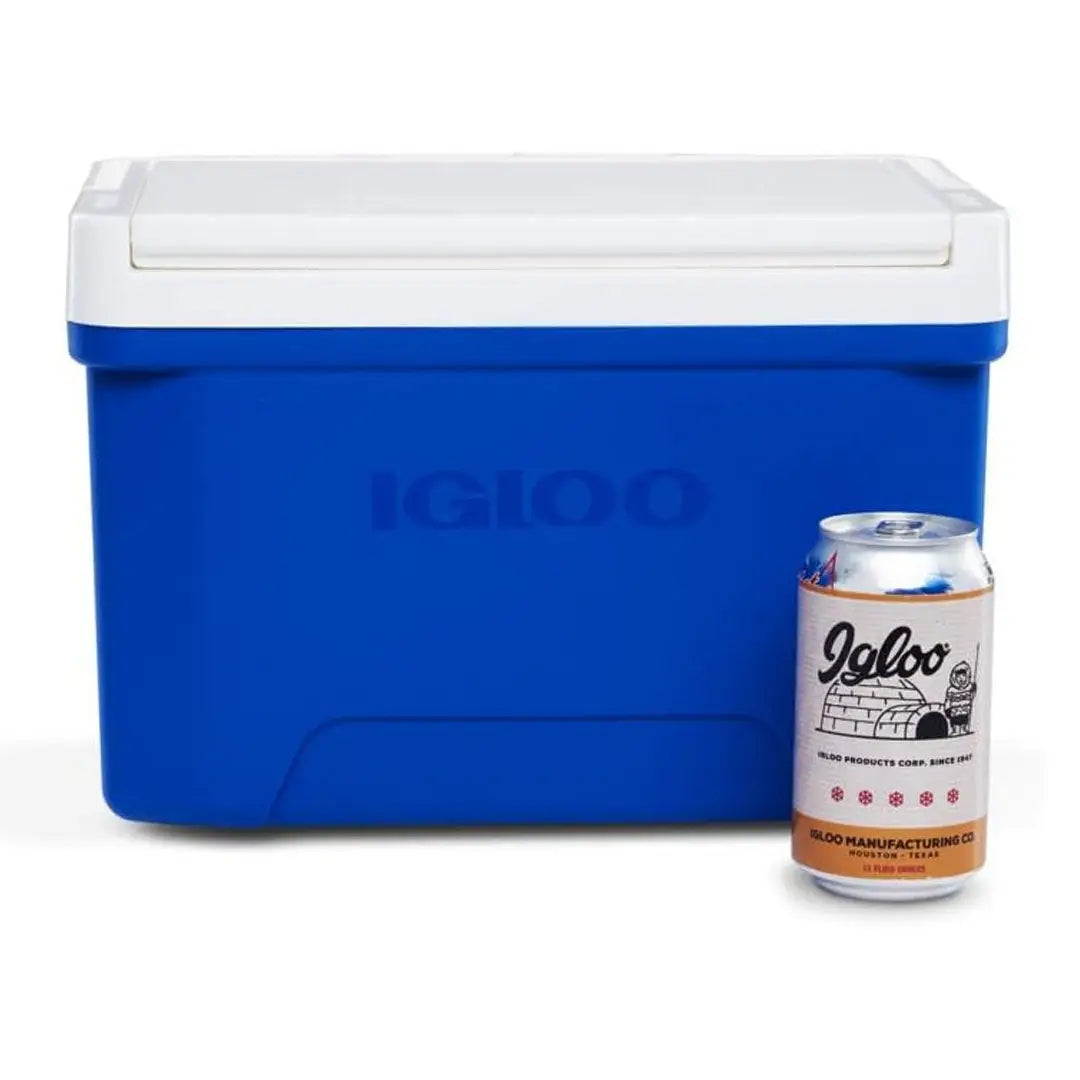 Blue and white Igloo Laguna Cooler with a can of Golos beer beside it