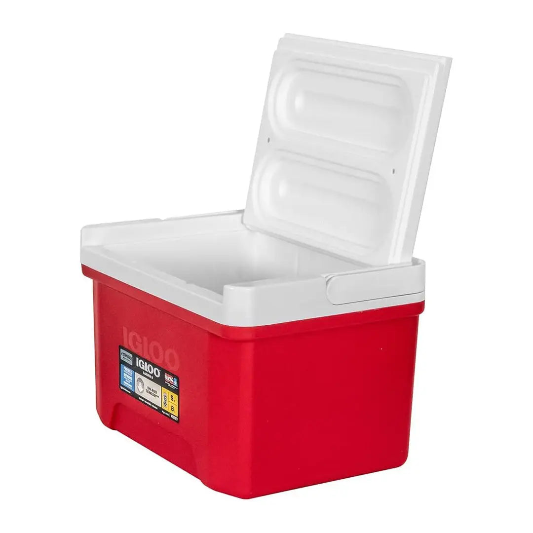 Red and white Igloo Laguna Cooler with open lid, perfect for keeping drinks cold