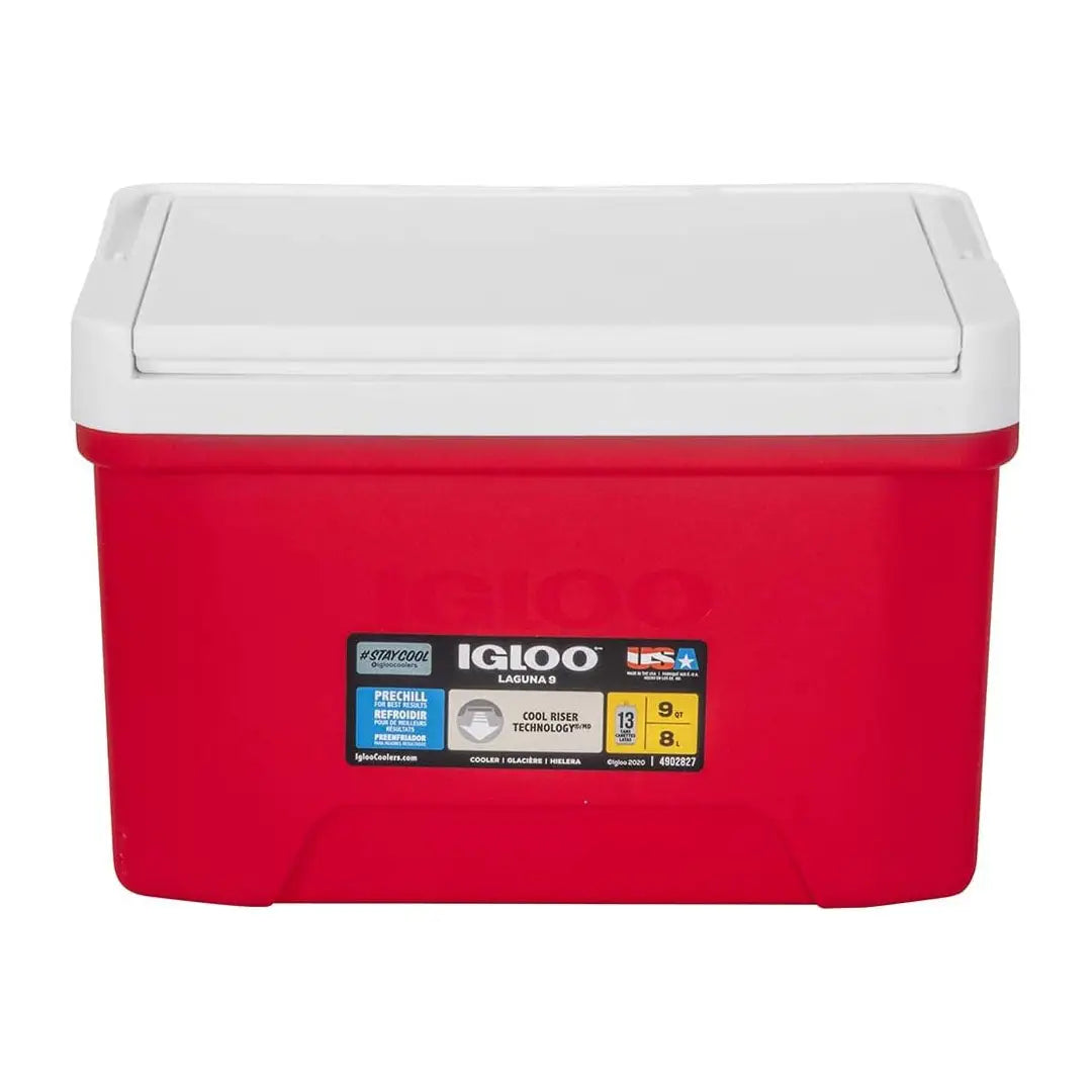 Red and white Igloo Laguna Cooler with a hinged lid for easy access and portability