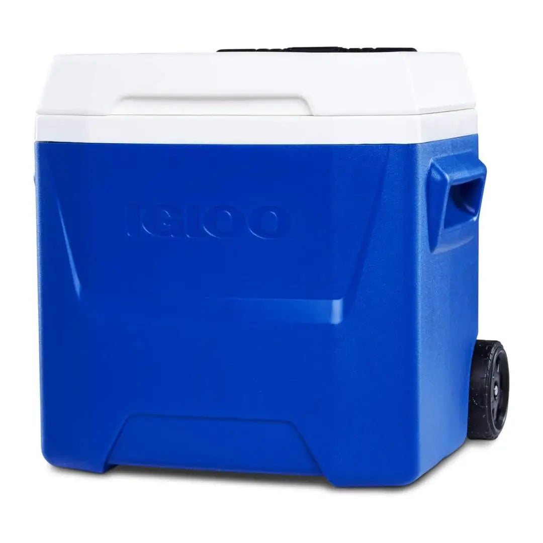 Blue wheeled cooler with white lid perfect for country clothing and outdoor adventures