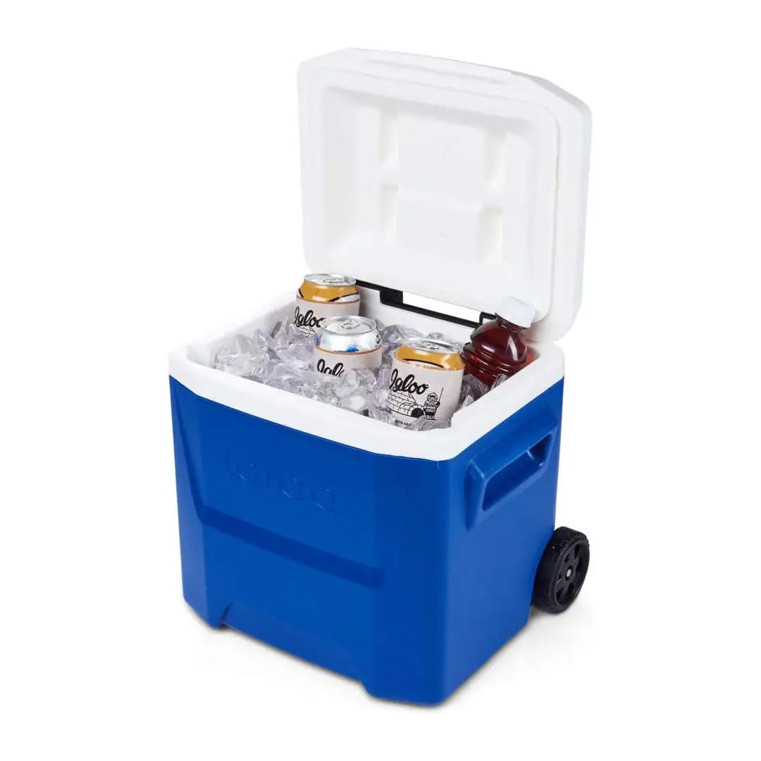 Blue wheeled Igloo Laguna Roller Cooler with ice and drinks for outdoors adventures