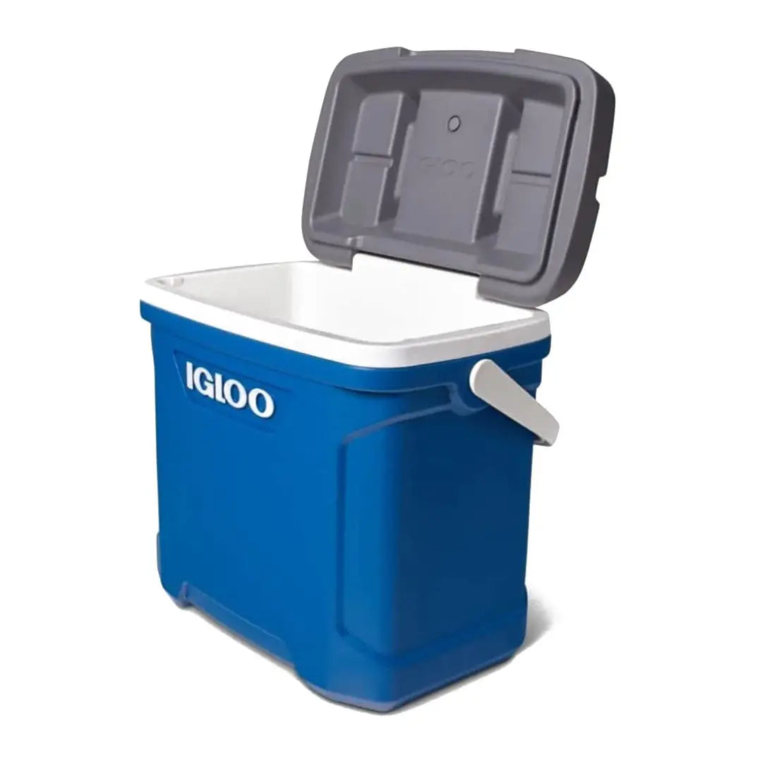 Blue Igloo Latitude Cooler with gray lid and white interior, perfect for country clothing and hunting