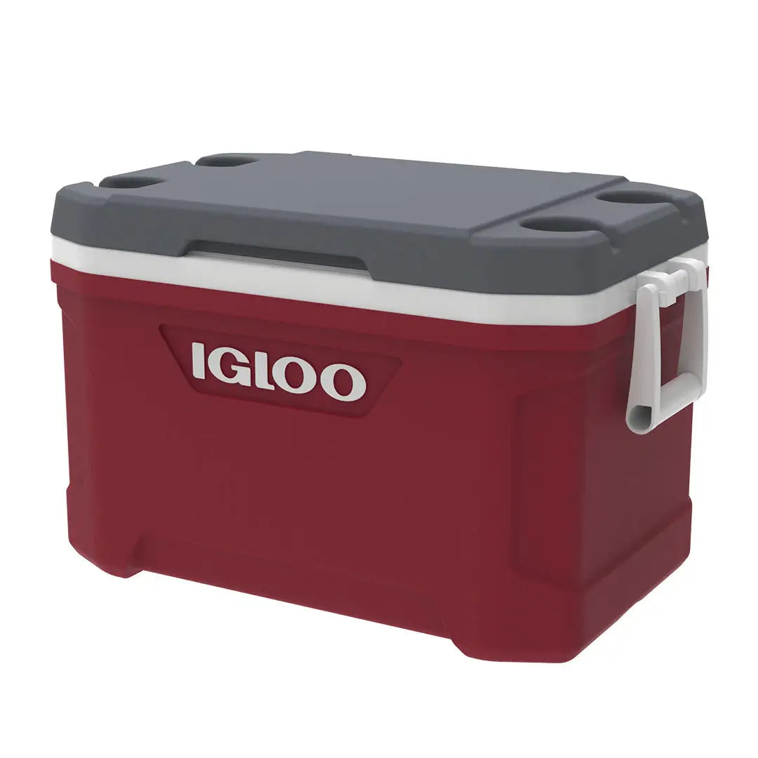 Red Igloo Latitude Cooler with gray lid and white accents, perfect for outdoor adventures