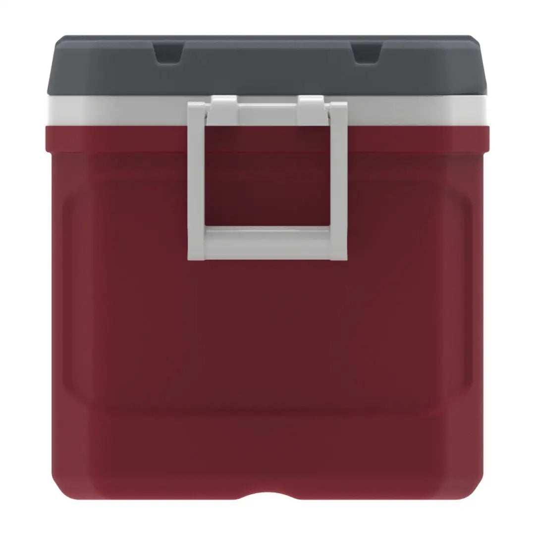 Maroon and gray Igloo Latitude Cooler with hinged lid and carrying handle