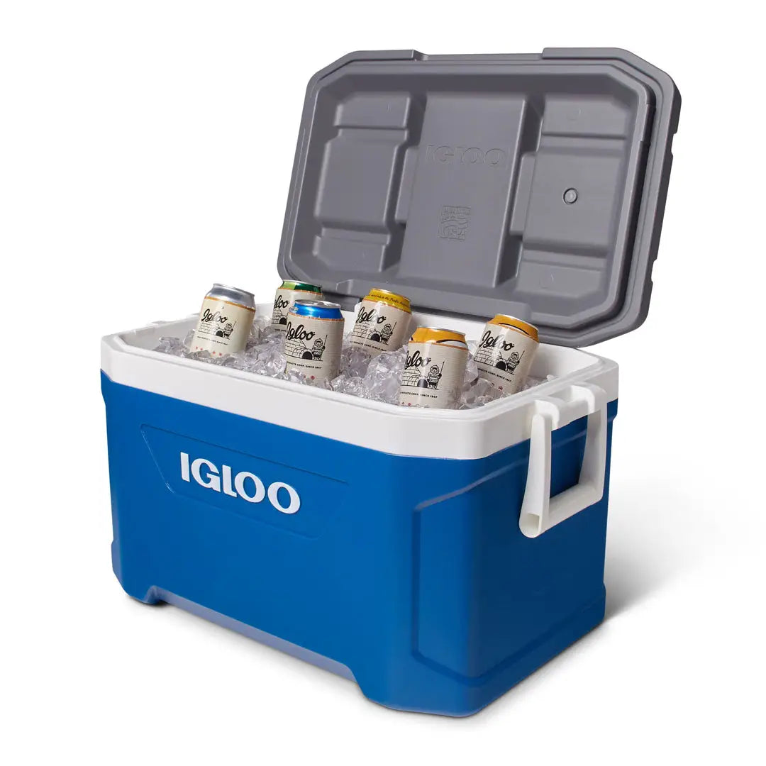 Blue and white Igloo Latitude Cooler packed with ice and drinks for outdoor fun