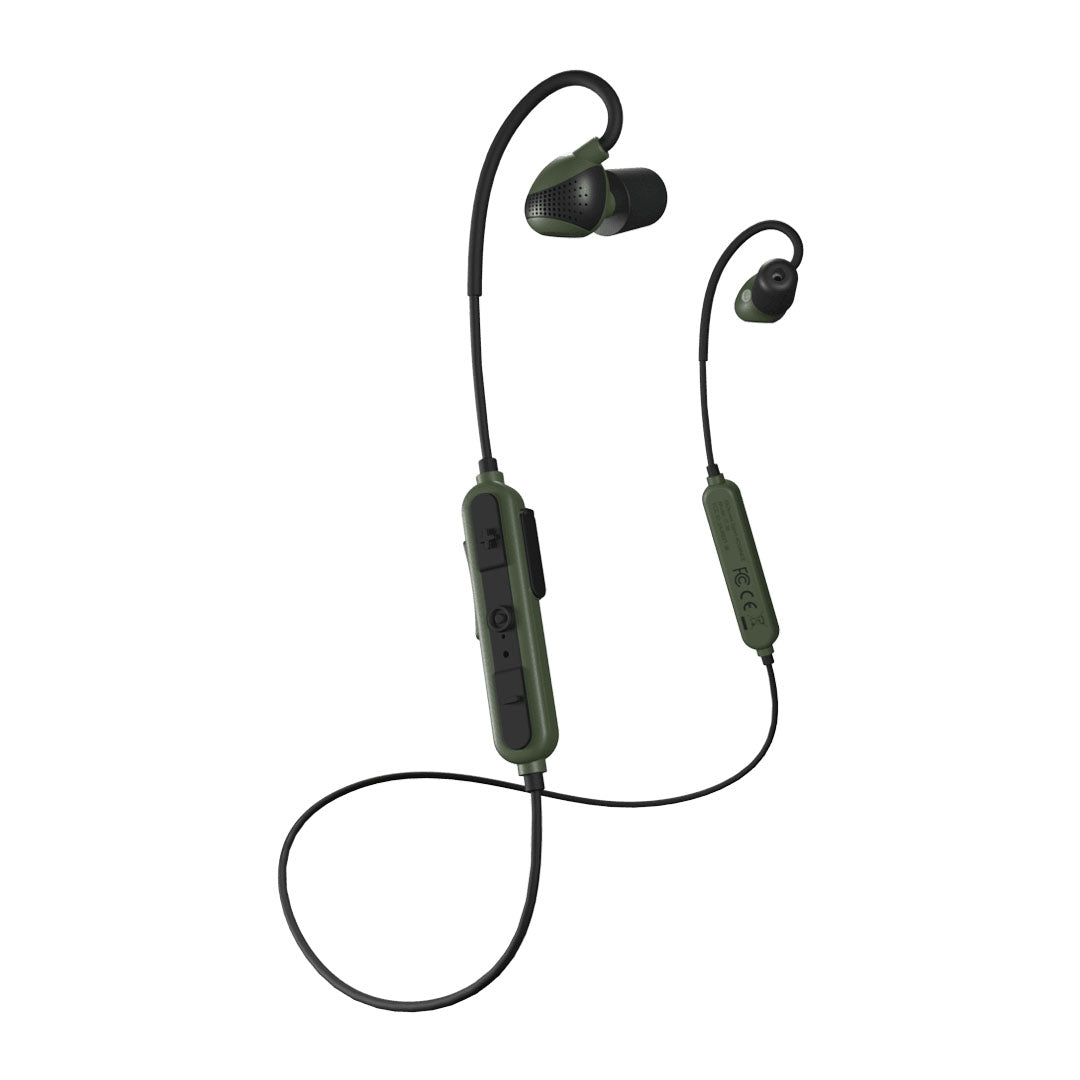 Olive green wireless earbuds from ISOTunes for advance tactical hearing protection