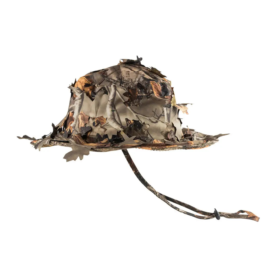 Camouflage Jack Pyke 3D Leafy Bush Hat with tattered leaf fabric and chin strap