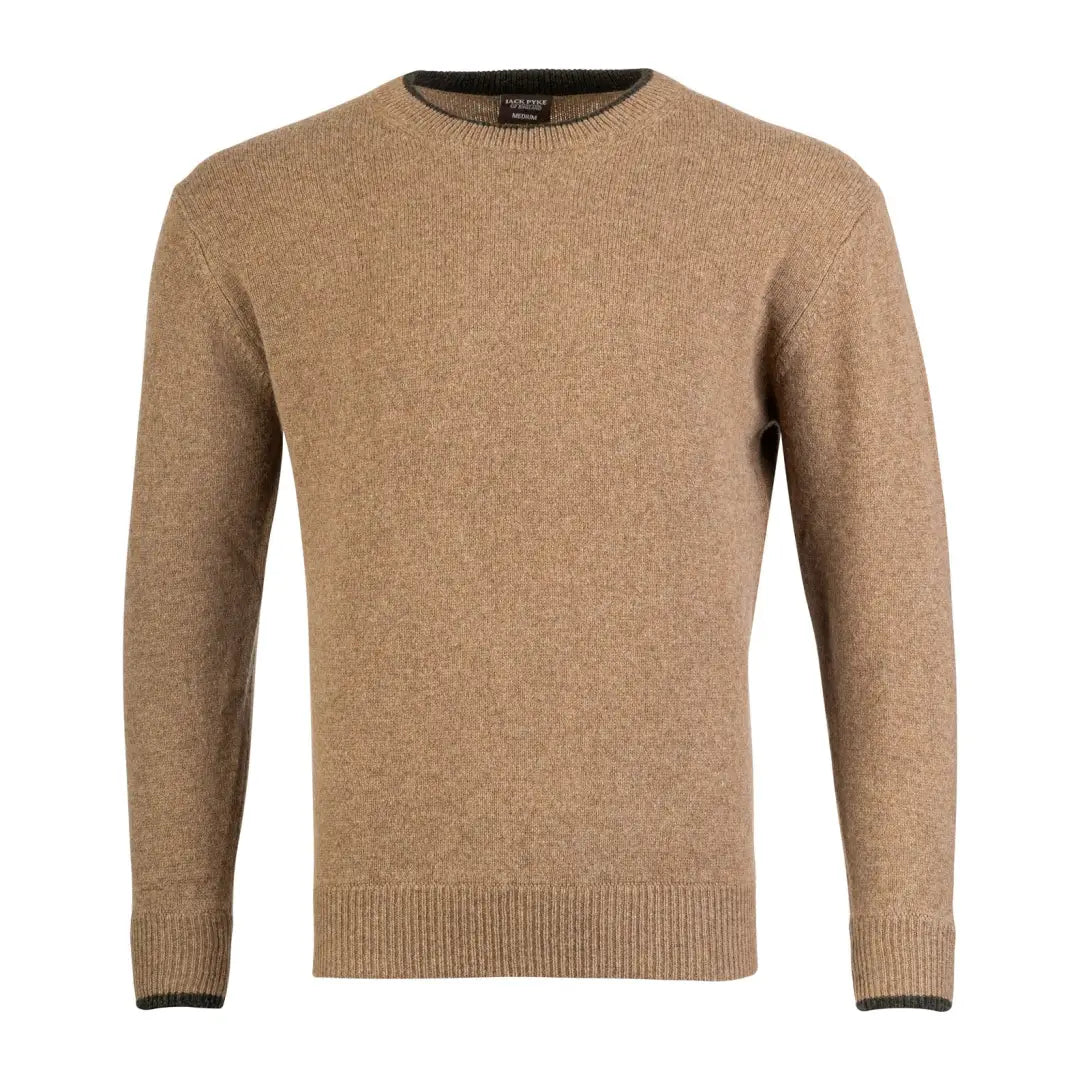 Beige Jack Pyke Ashcombe 100% Lambswool Crewknit Pullover with dark trim on cuffs