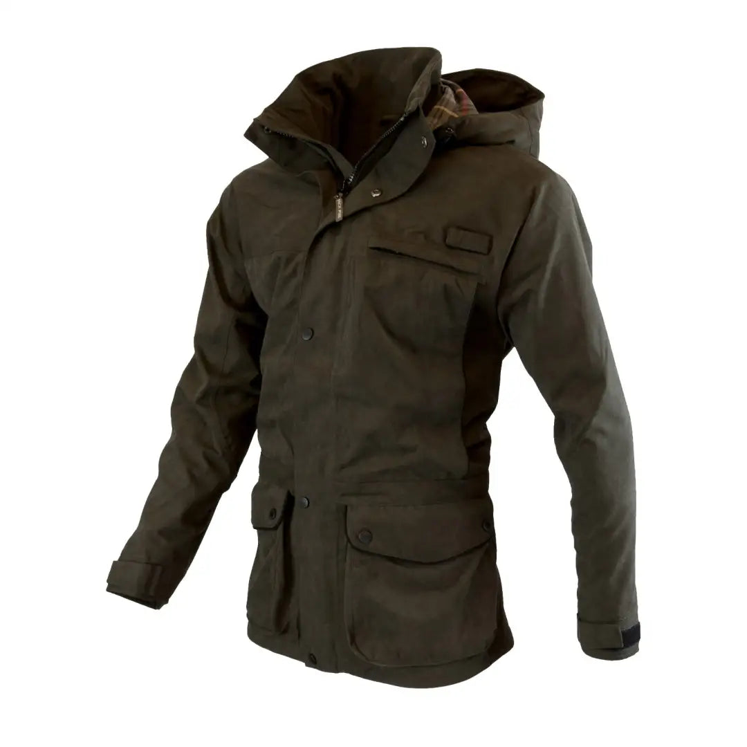 Dark green Jack Pyke Ashcombe jacket with high collar and multiple pockets for outdoor style