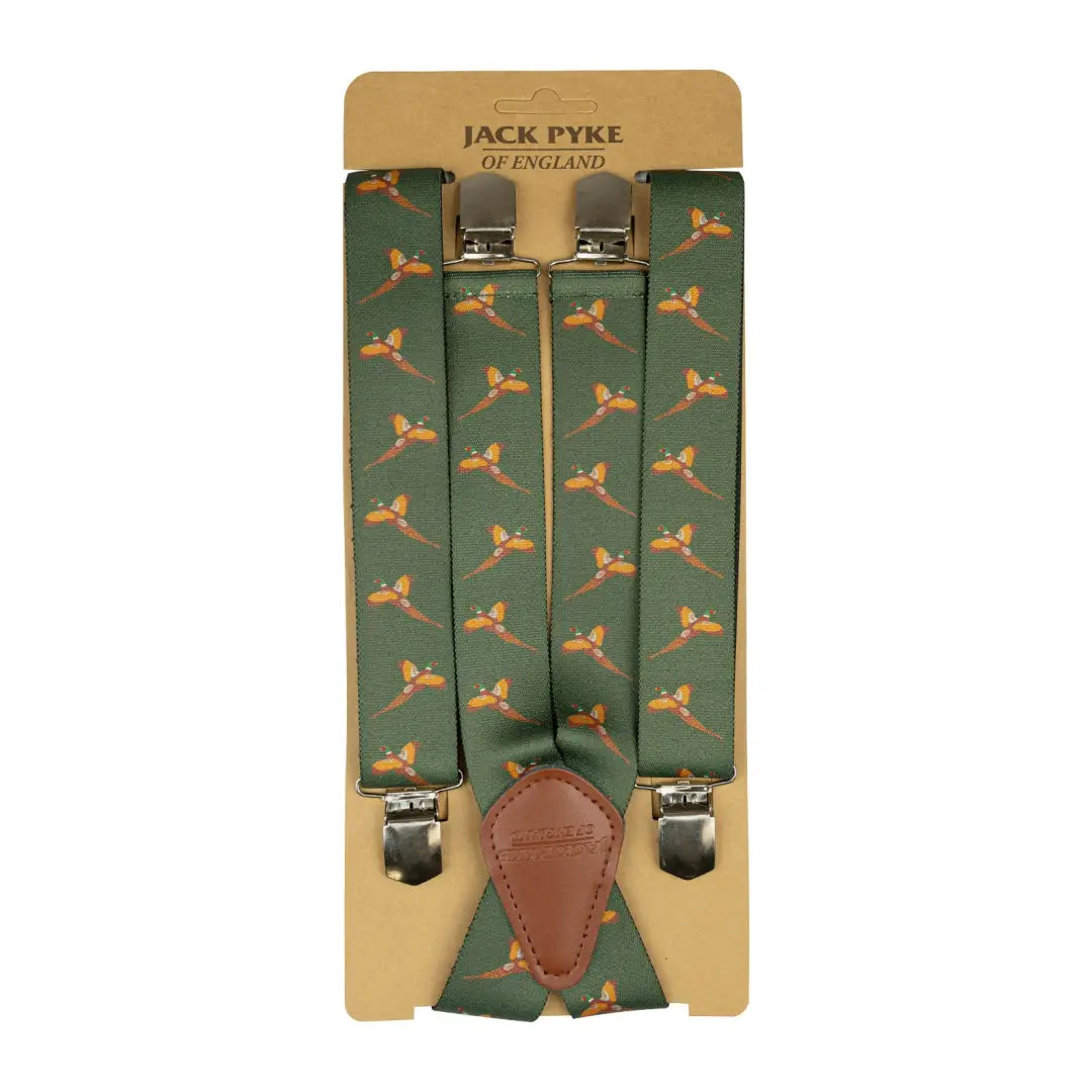 Green Jack Pyke Braces featuring a fun pattern of flying pheasants