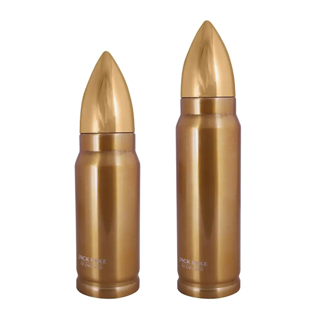 Two golden Jack Pyke Bullet flasks perfect for outdoor adventures and stylish hydration