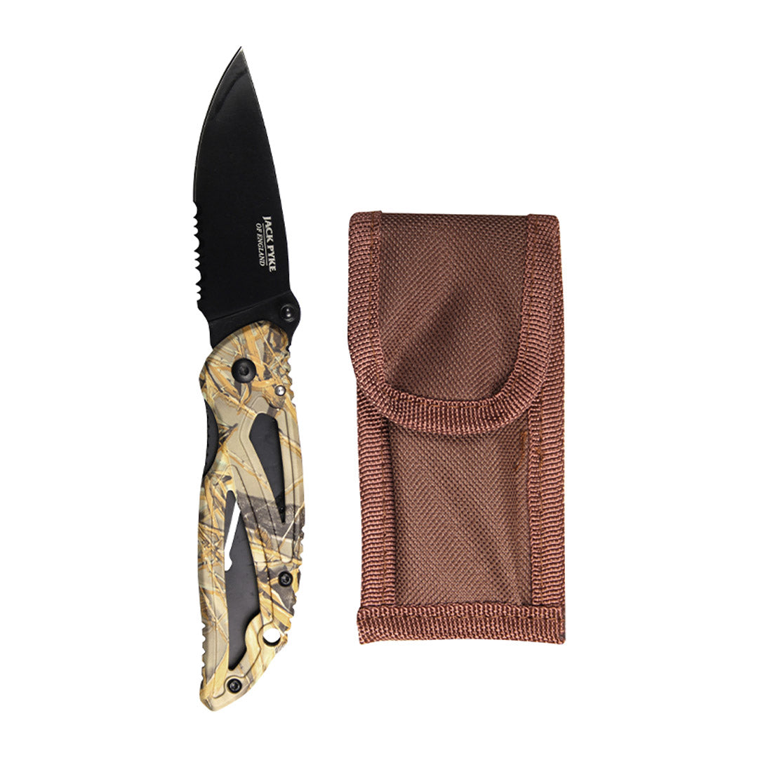 Folding Jack Pyke Camo Lock Knife with a cool camouflage handle and brown sheath