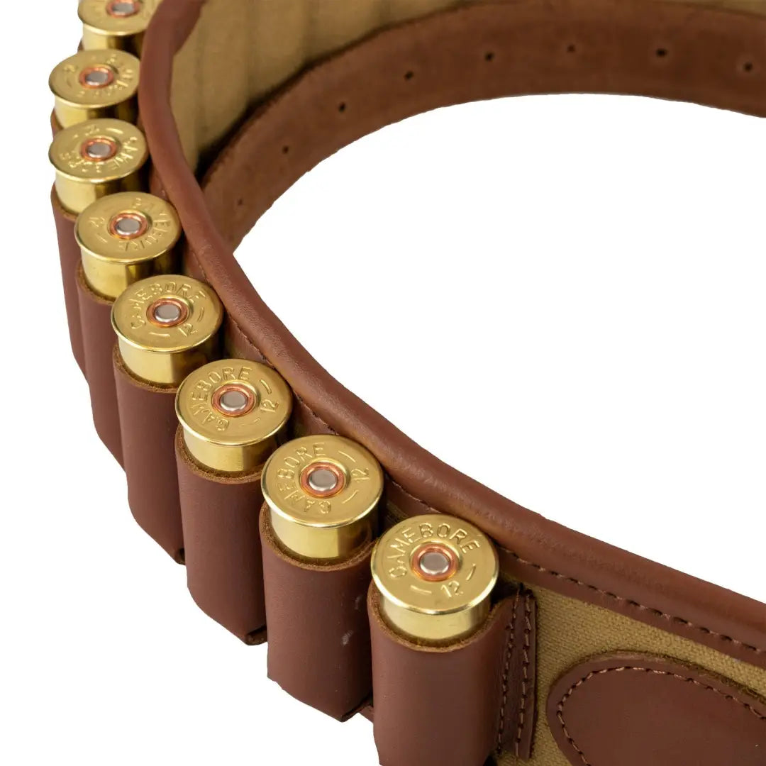 Leather ammunition belt featuring brass shotgun shells on Jack Pyke Canvas Cartridge Belt