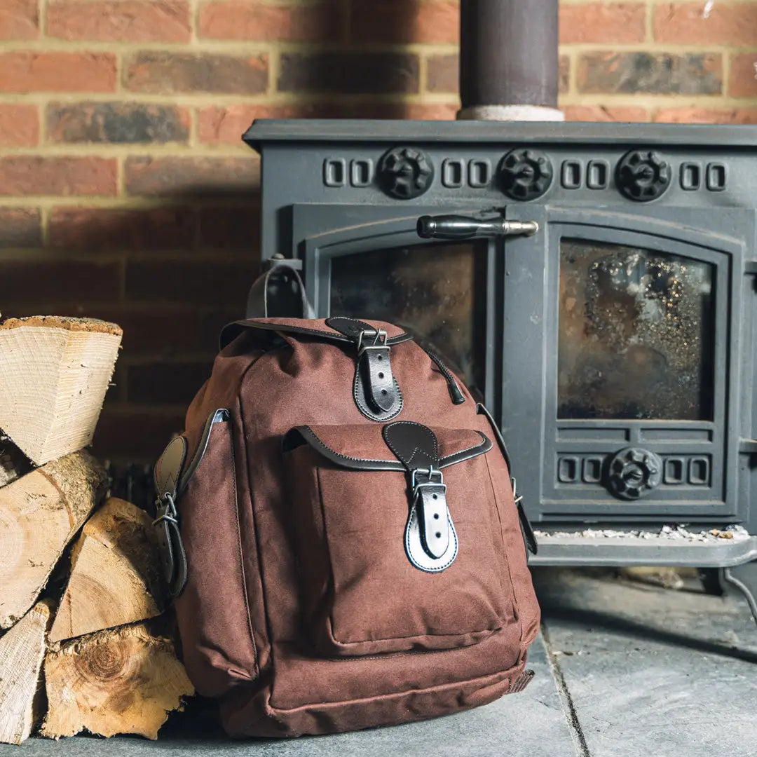 Brown Jack Pyke Canvas Day Pack with leather straps and metal buckles for adventures