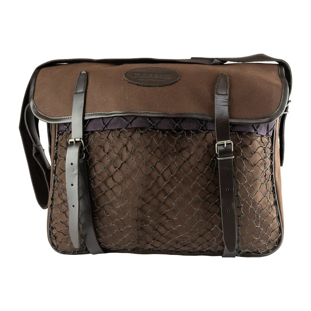 Brown leather messenger bag with woven pattern and buckled straps, perfect game bag