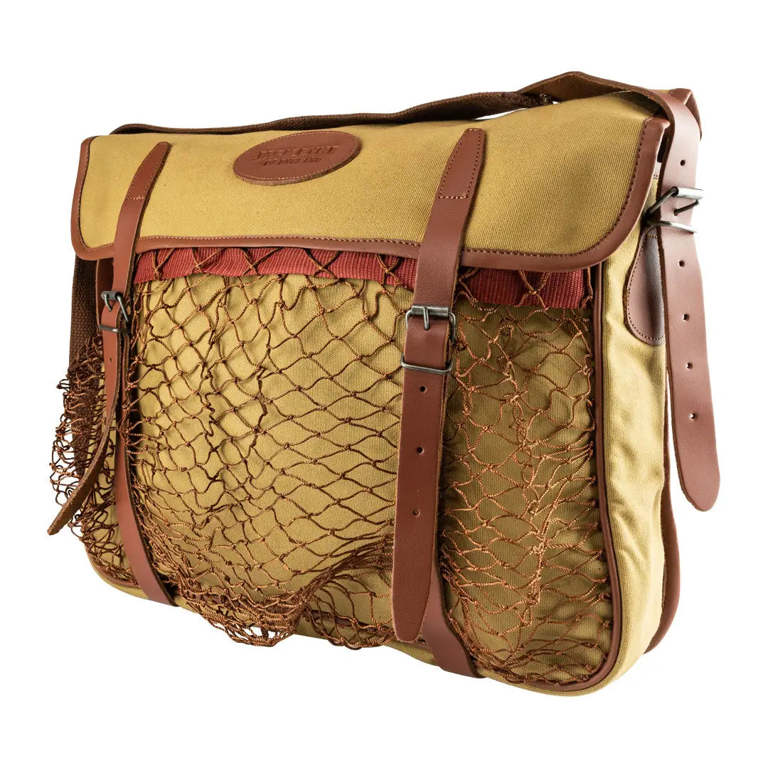 Tan Jack Pyke Canvas Game Bag made of heavy-duty cotton with a netted front pocket