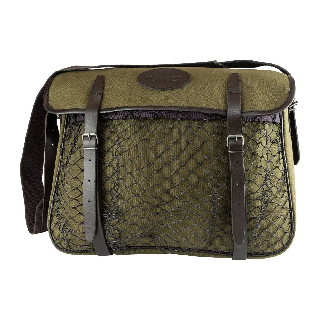 Olive green Jack Pyke Canvas Game Bag with leather straps, perfect for country clothing adventures