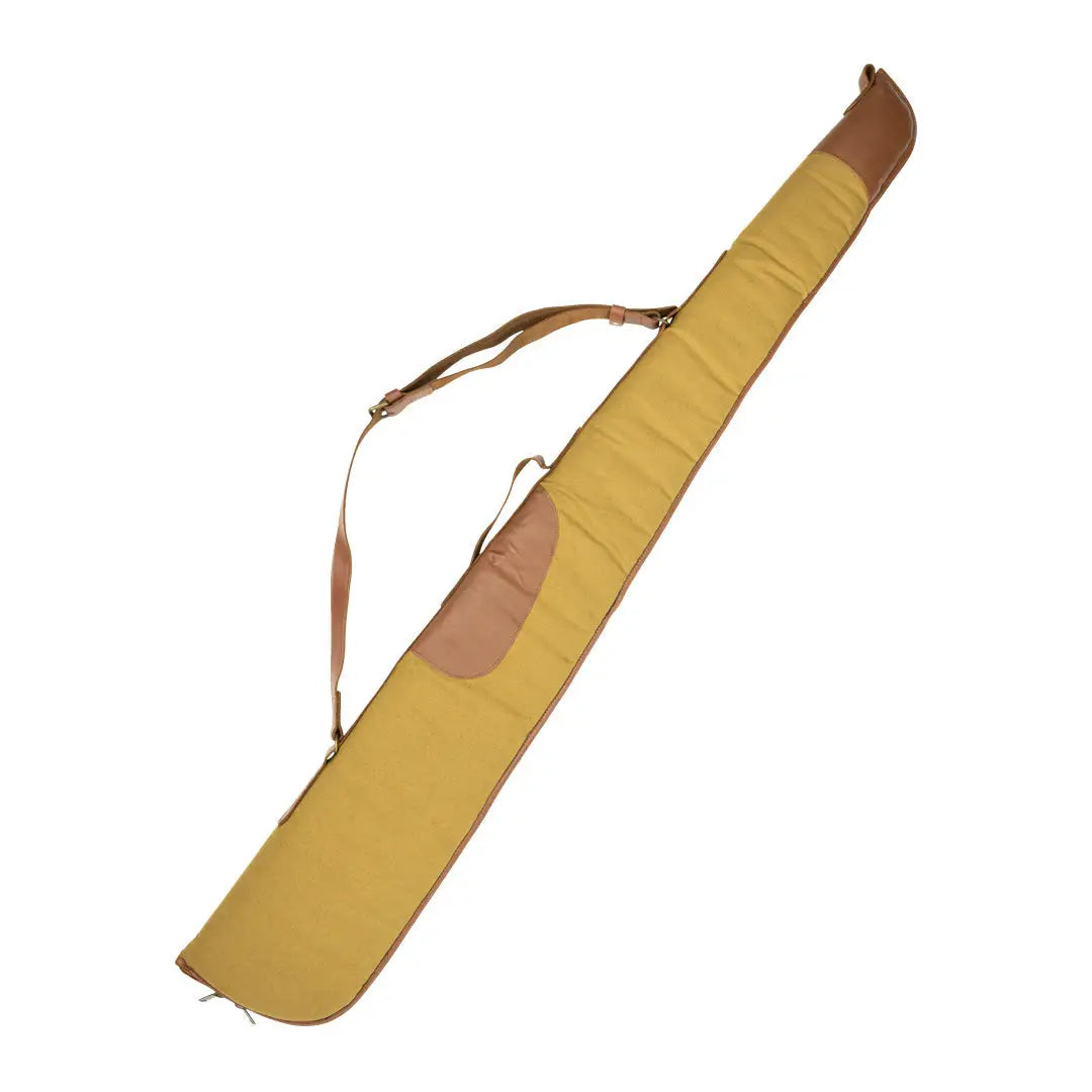 Yellow Jack Pyke Canvas Shotgun Slip with brown leather accents and shoulder strap