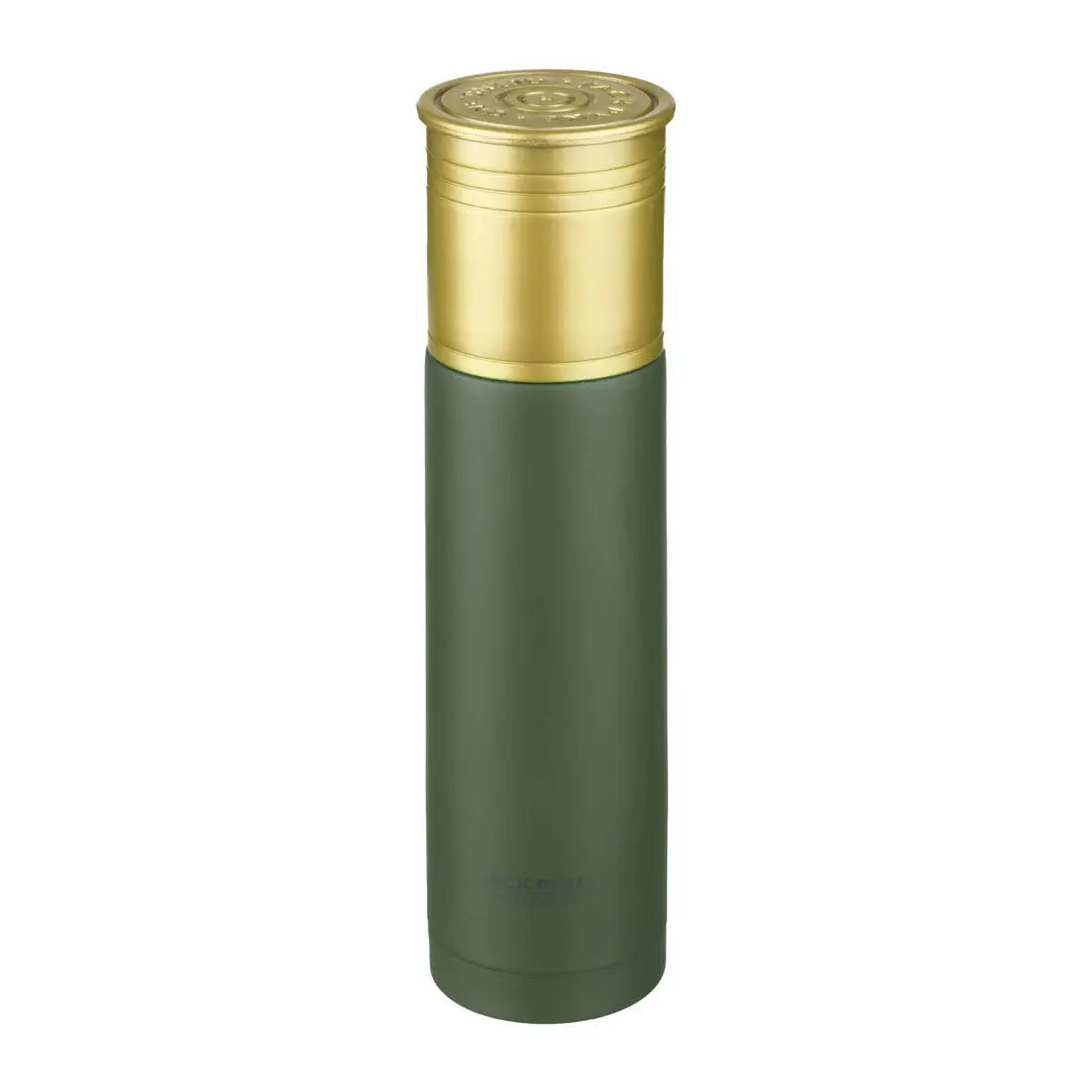 Jack Pyke Cartridge Flask with green body and gold top, perfect for outdoor adventures