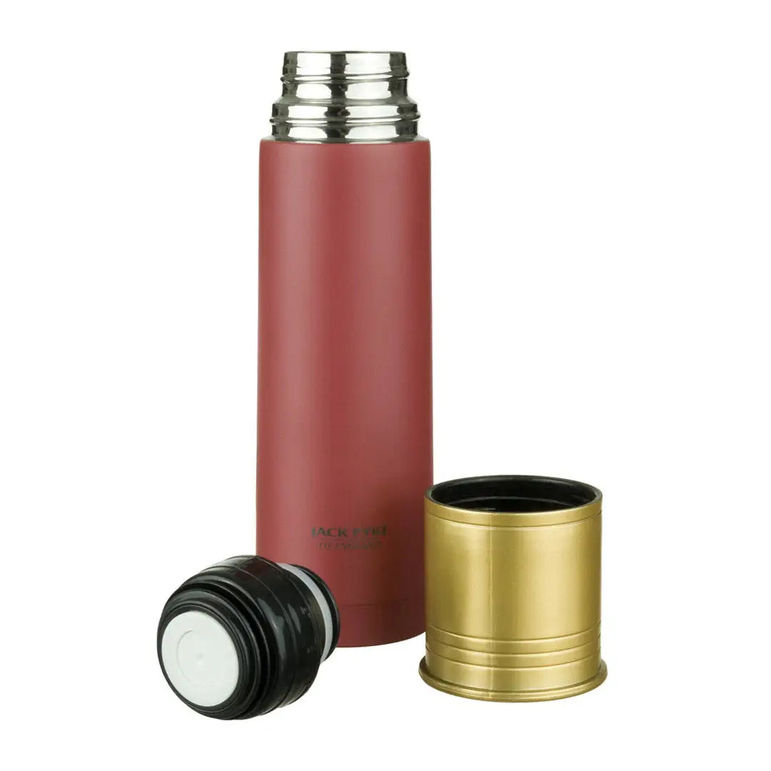 Red Jack Pyke Cartridge Flask with gold cup and black cap, perfect for outdoor adventures