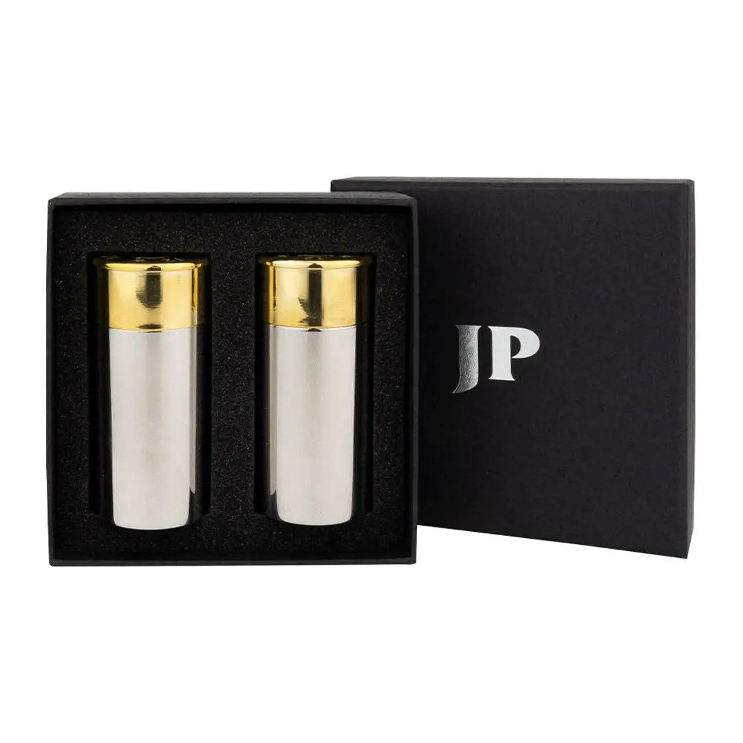 Gift set of Jack Pyke Cartridge Salt &amp; Pepper Pots in sleek black box with gold tops