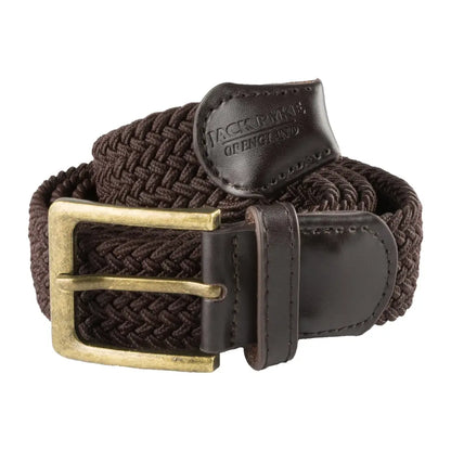 Dark brown woven elastic belt with brass buckle and leather trim from Jack Pyke Countryman