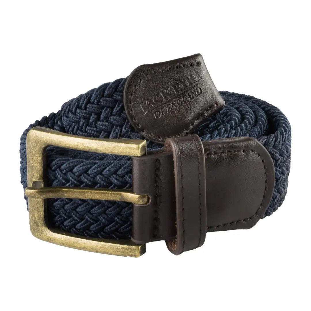 Navy blue Jack Pyke Countryman elasticated belt with brown leather trim and brass buckle