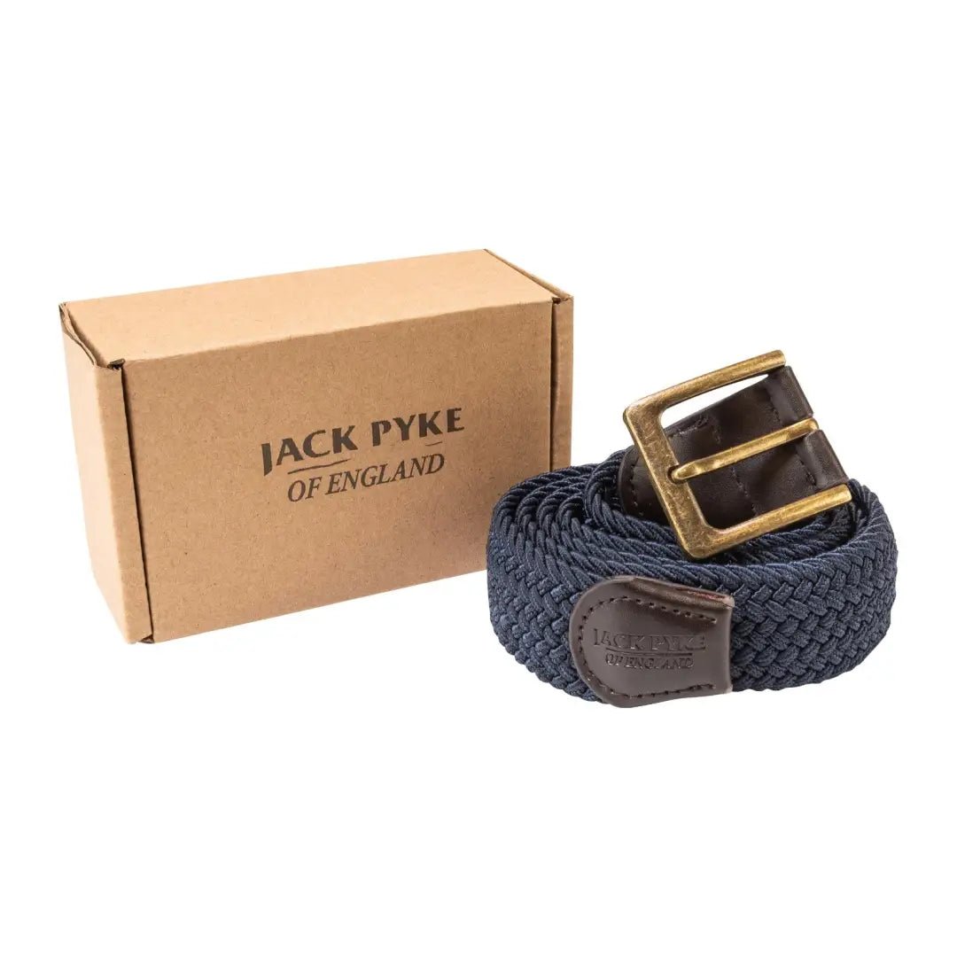 Navy blue woven Jack Pyke Countryman Elasticated Belt with brass buckle and box