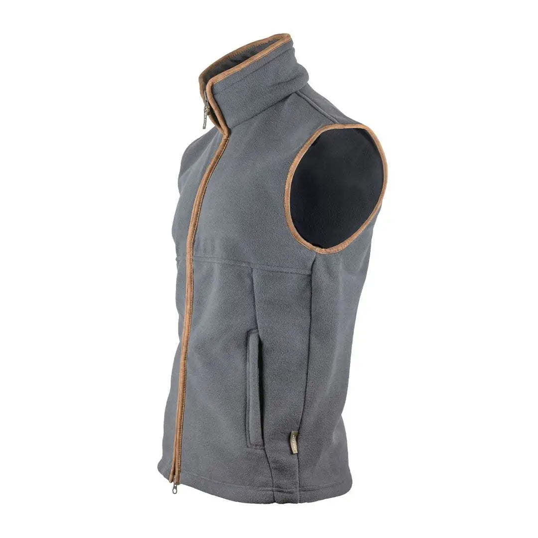 Gray sleeveless Jack Pyke Countryman fleece gilet with brown trim and zippered front