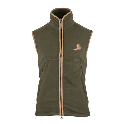 Olive green Jack Pyke Countryman fleece gilet with tan trim and pheasant logo