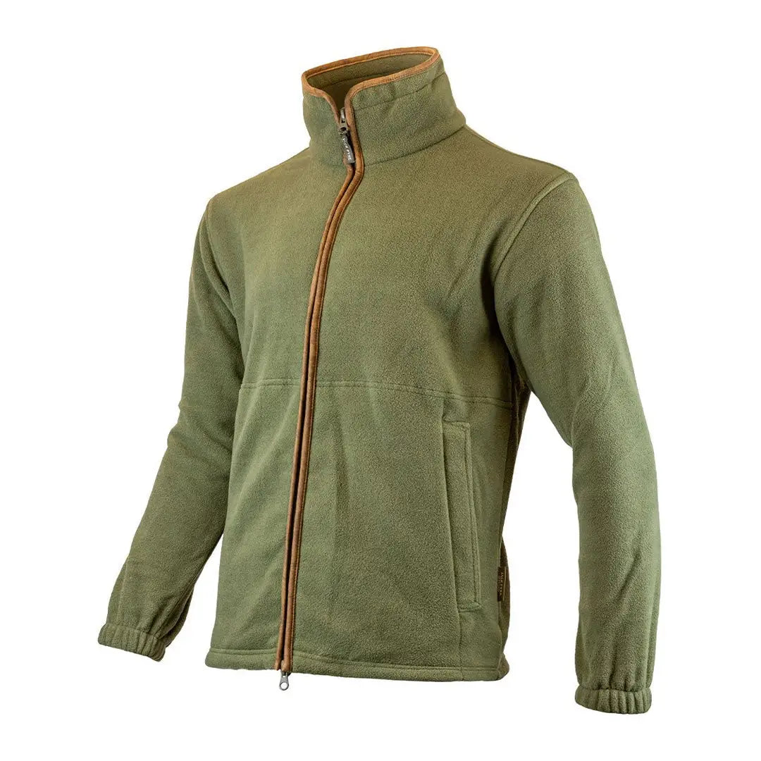 Olive green Jack Pyke Countryman fleece jacket with full-length zipper and collar