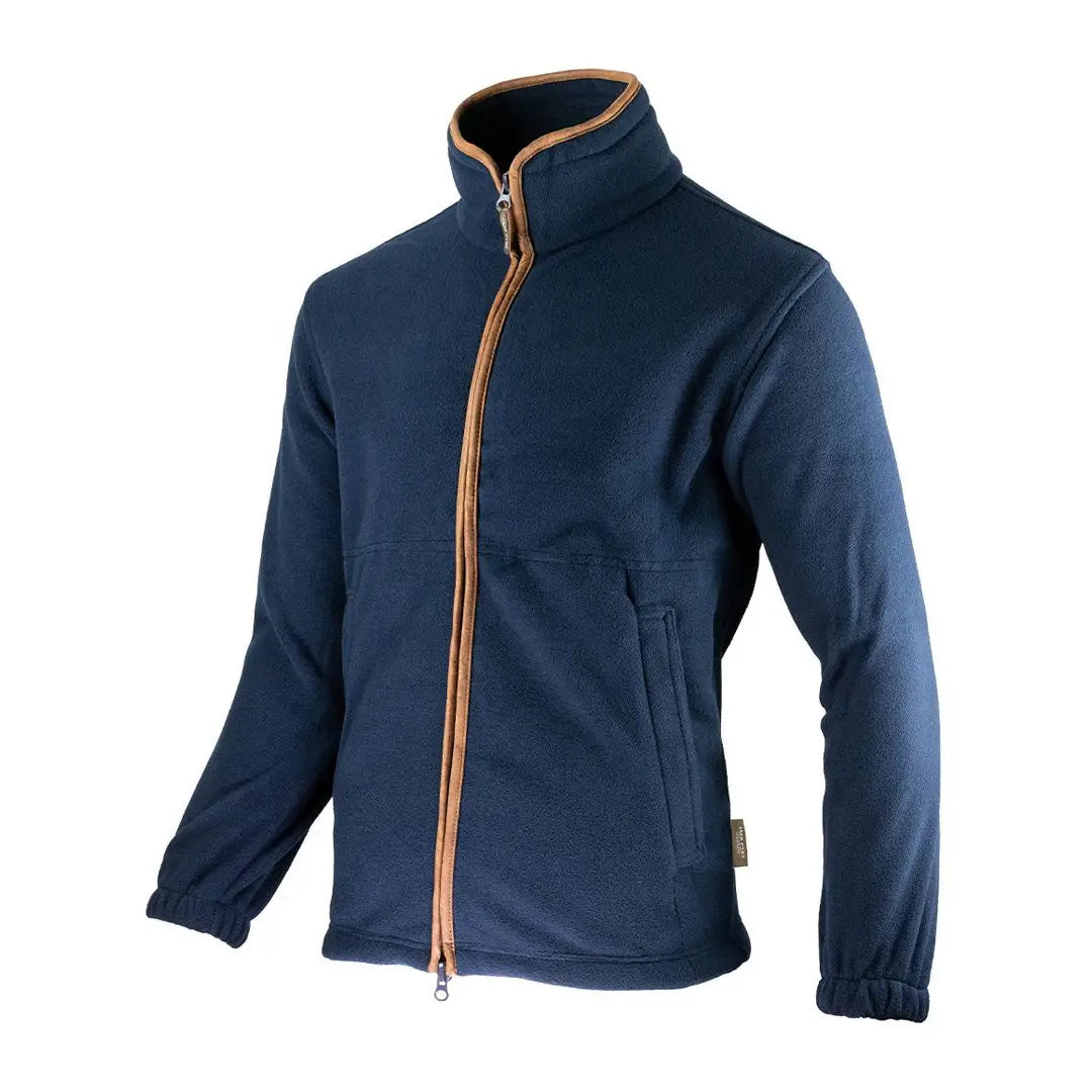 Navy blue Jack Pyke Countryman fleece jacket with tan trim and full-length zipper