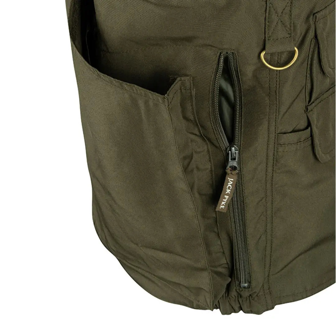 Olive green Jack Pyke Countryman Vest featuring a zippered pocket and reinforced shoulder pads