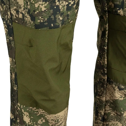 Military-style Jack Pyke Digicam Softshell Trousers with digital pattern and green panels