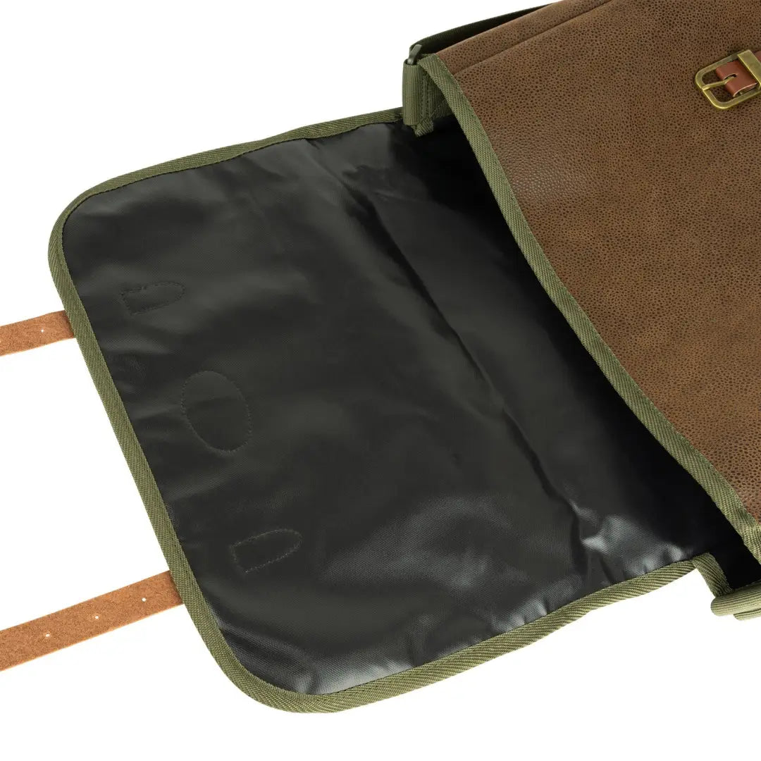 Partially open Jack Pyke Duotex Dog Bag showcasing its brown exterior and dark lining