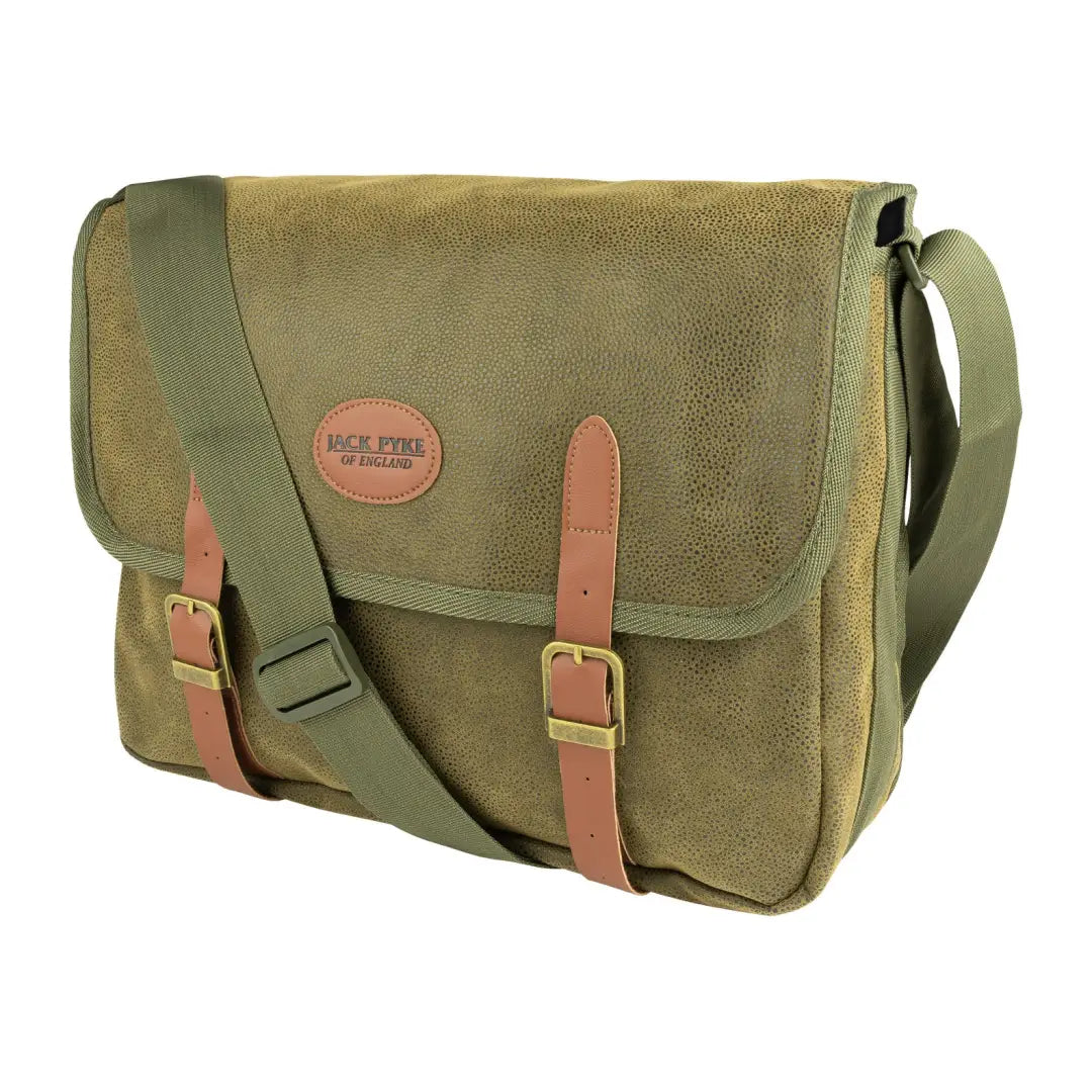 Green canvas messenger bag with leather straps, perfect for your Jack Pyke Duotex Dog Bag