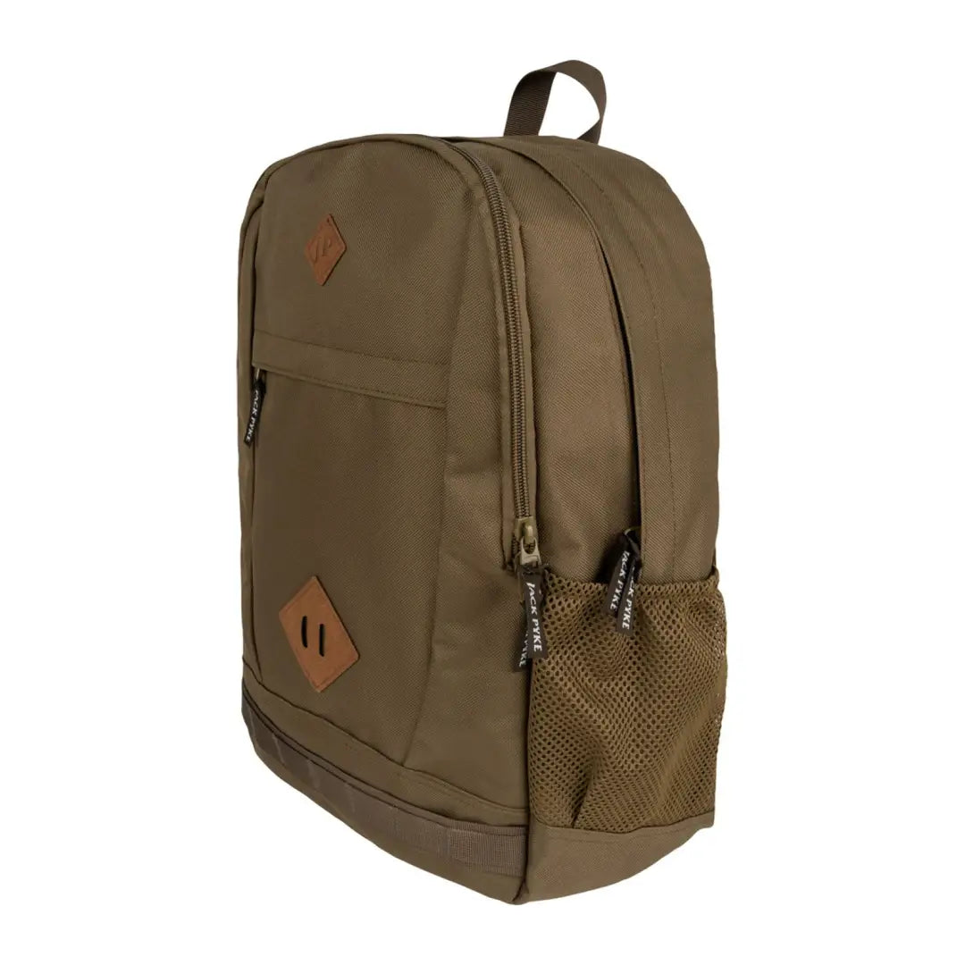 Olive green Jack Pyke Falcon Rucksack with leather accents and mesh pockets