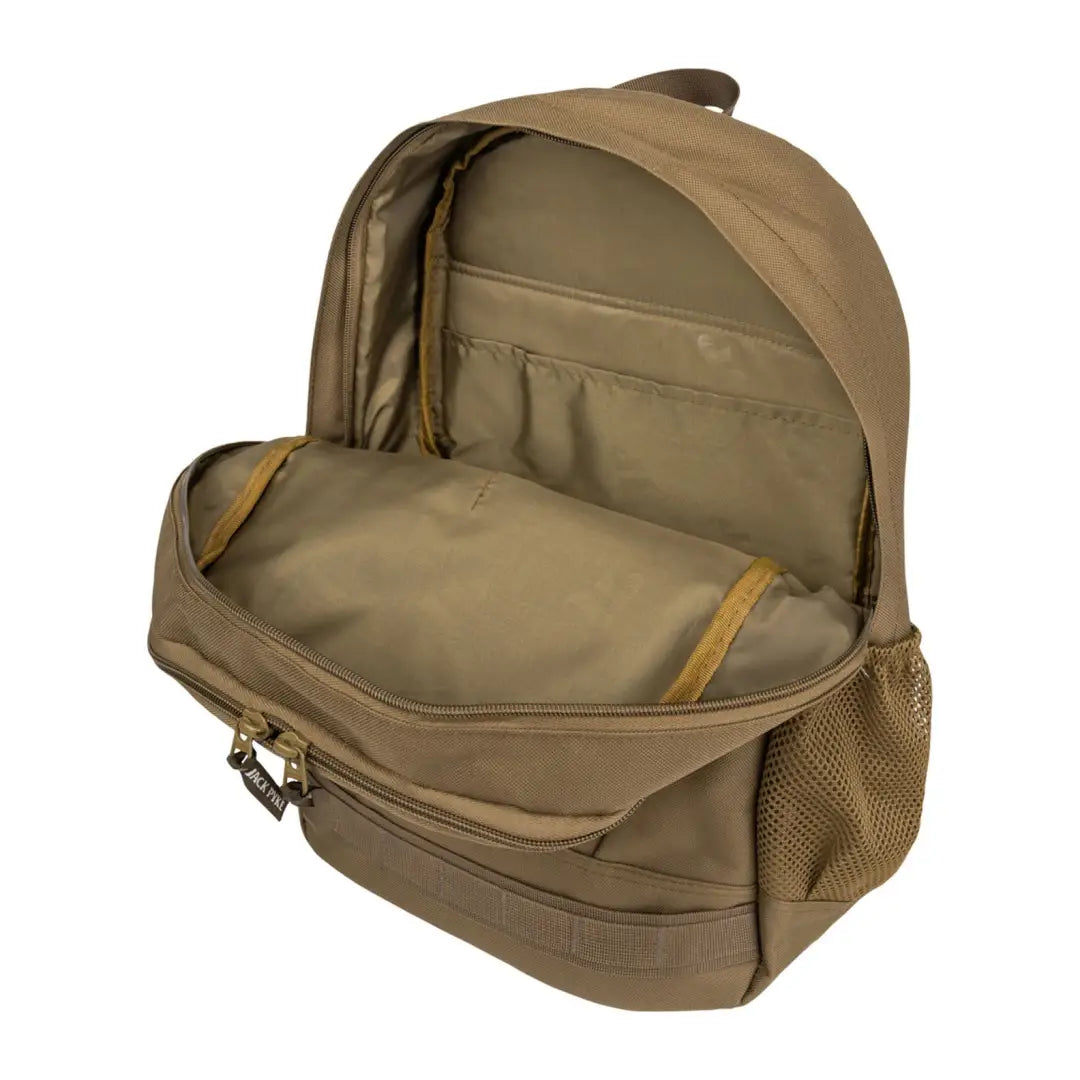 Tan Jack Pyke Falcon Rucksack with open main compartment and mesh side pocket