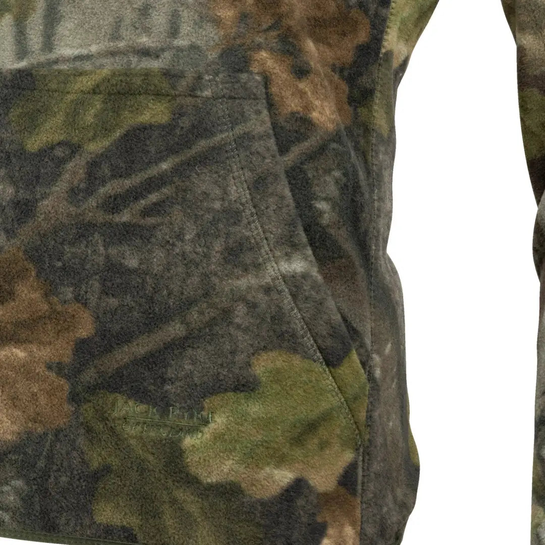 Camouflage fabric of Jack Pyke Fieldman Fleece Hoodie in green, brown, and black