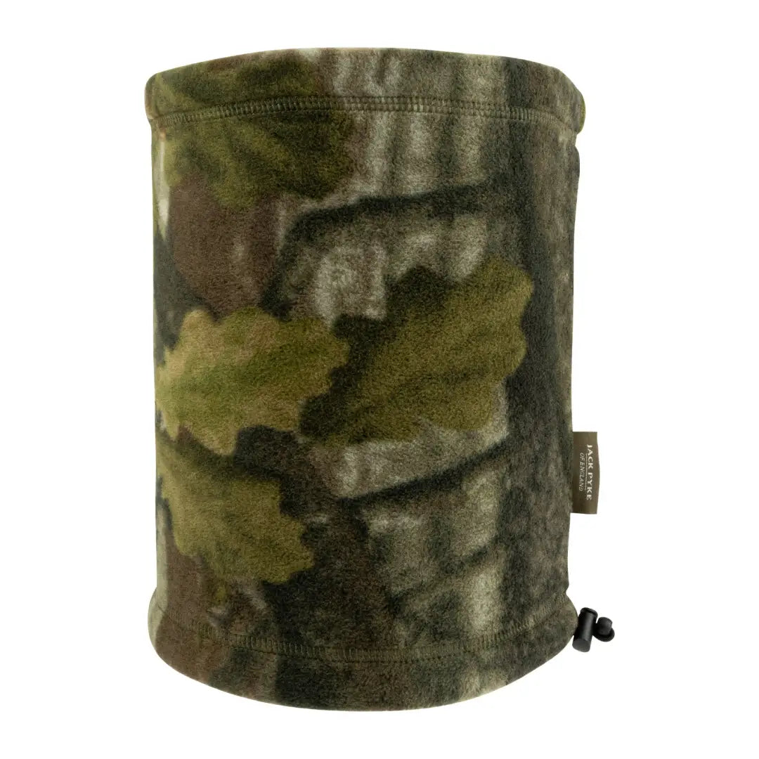 Camouflage-patterned Jack Pyke fleece neck gaiter with drawstring for cozy warmth