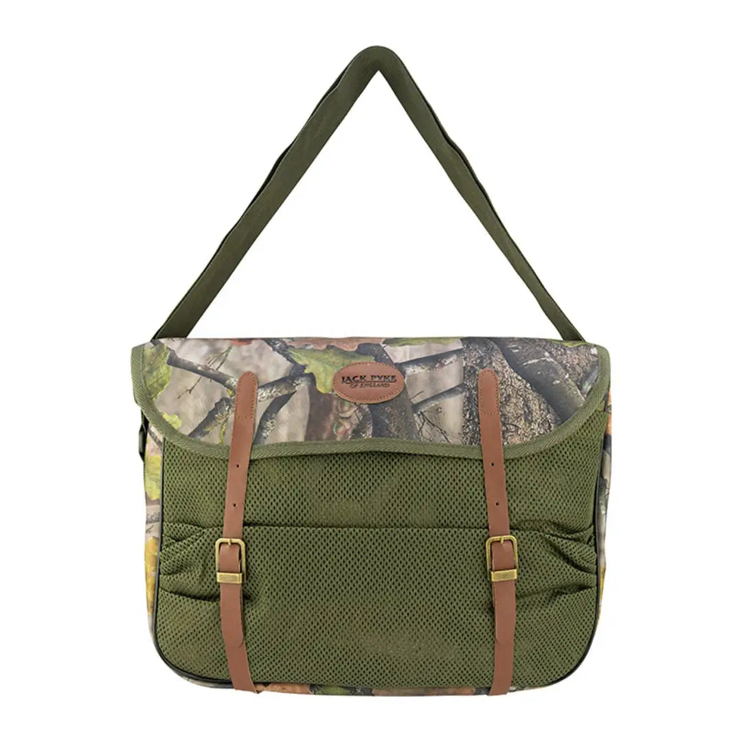 Camouflage Jack Pyke Game Bag features leather straps and a stylish green fabric body