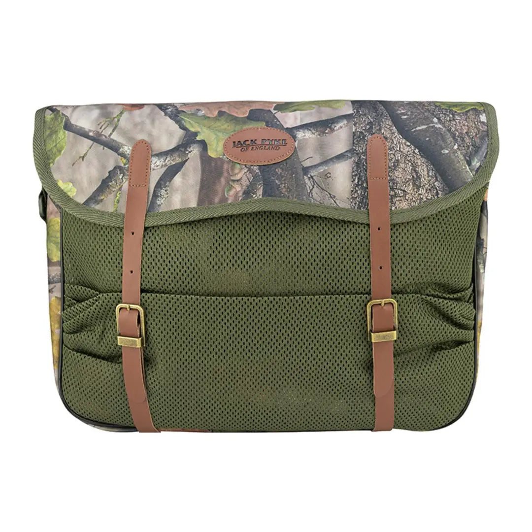 Camouflage Jack Pyke Game Bag with leather straps and mesh pockets for outdoor use