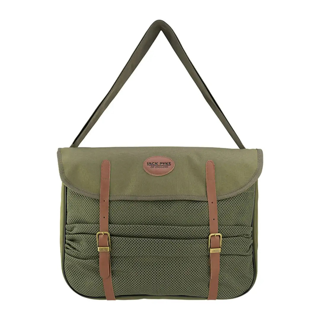 Olive green Jack Pyke Game Bag with brown leather straps and buckles