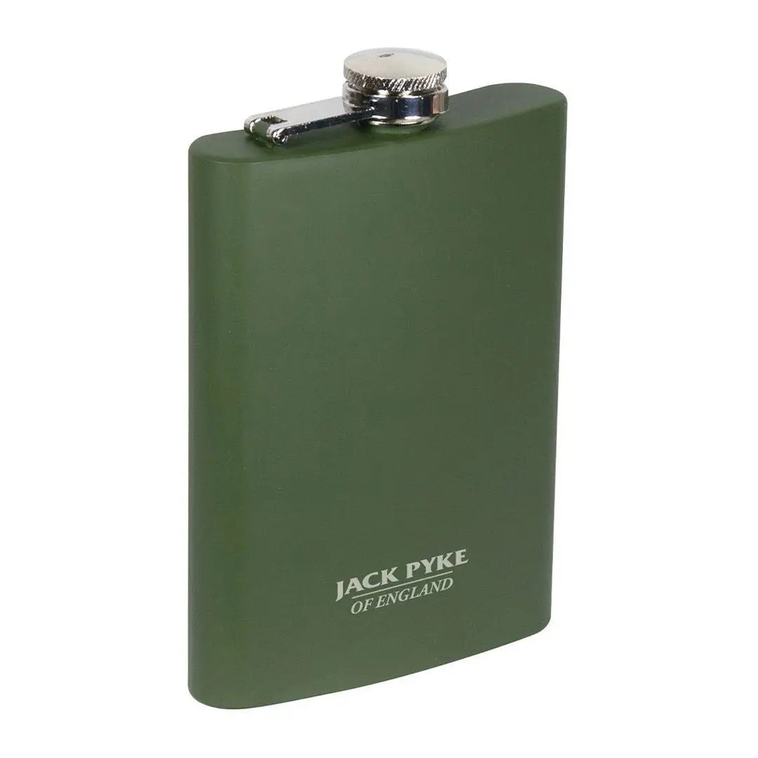 Green metal Jack Pyke hip flask with stylish branding, perfect for outdoor adventures