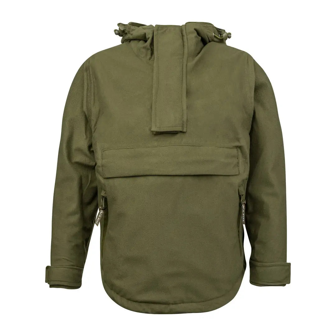 Olive green Olive Galbraith Smock with front pocket, perfect for kids’ outdoor adventures